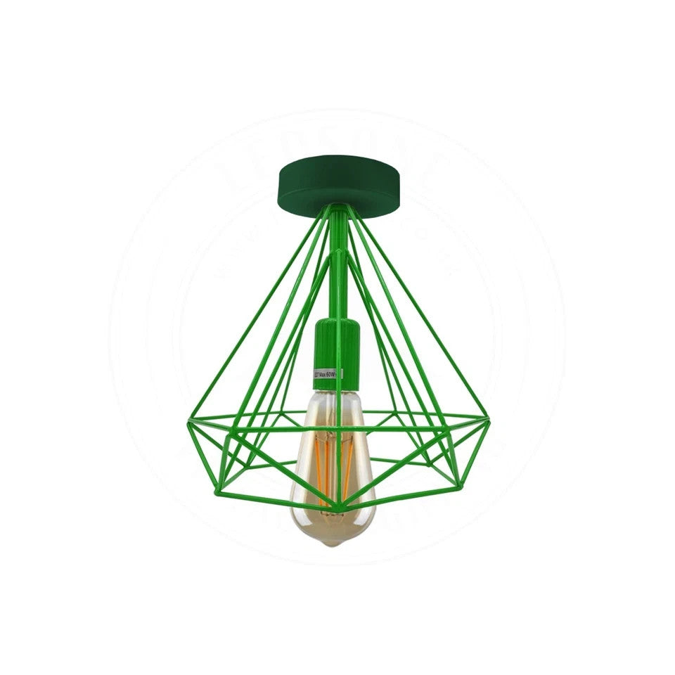 Semi-Flush Cage Ceiling Light – Geometric, Diamond or Bird Cage - Standard, Geometric Cage Green, Without Bulb