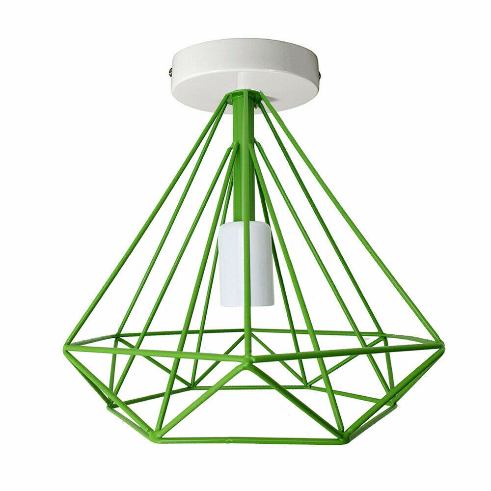 Semi-Flush Cage Ceiling Light – Geometric, Diamond or Bird Cage - Standard, Geometric Cage Green, ST64 LED Bulb 4W