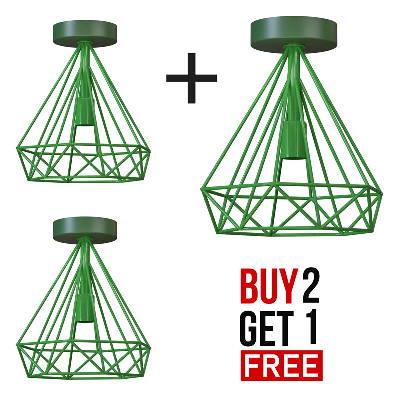 Semi-Flush Cage Ceiling Light – Geometric, Diamond or Bird Cage - Standard, Geometric Cage Green Pack of 3, Without Bulb