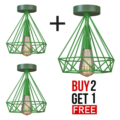 Semi-Flush Cage Ceiling Light – Geometric, Diamond or Bird Cage - Standard, Geometric Cage Green Pack of 3, ST64 LED Bulb 4W