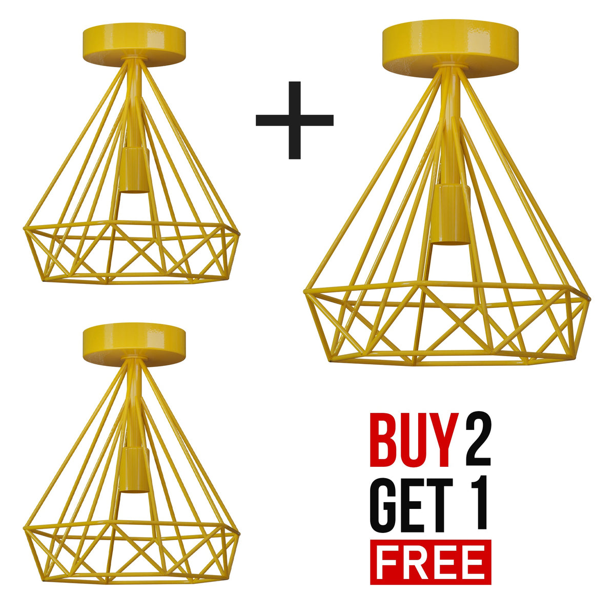 Semi-Flush Cage Ceiling Light – Geometric, Diamond or Bird Cage - Standard, Geometric Cage Yellow, Pack of 3, Without Bulb