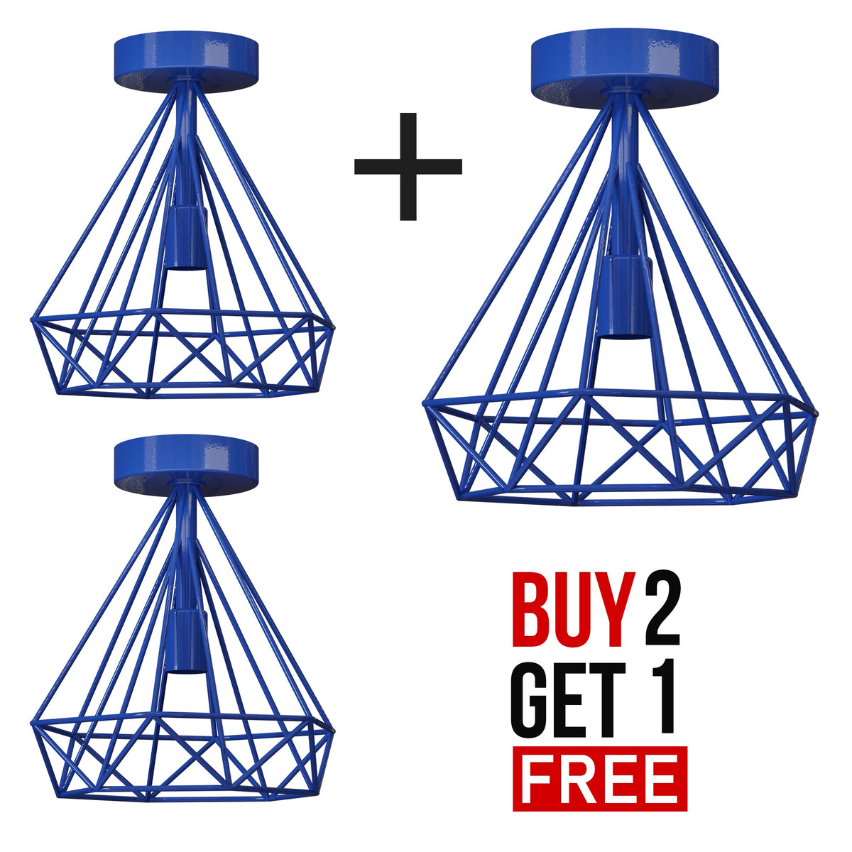 Semi-Flush Cage Ceiling Light – Geometric, Diamond or Bird Cage - Standard, Geometric Cage Blue, Pack of 3, Without Bulb