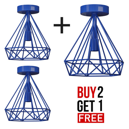 Semi-Flush Cage Ceiling Light – Geometric, Diamond or Bird Cage - Standard, Geometric Cage Blue, Pack of 3, Without Bulb