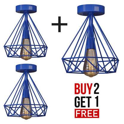 Semi-Flush Cage Ceiling Light – Geometric, Diamond or Bird Cage - Standard, Geometric Cage Blue, Pack of 3, ST64 LED Bulb 4W