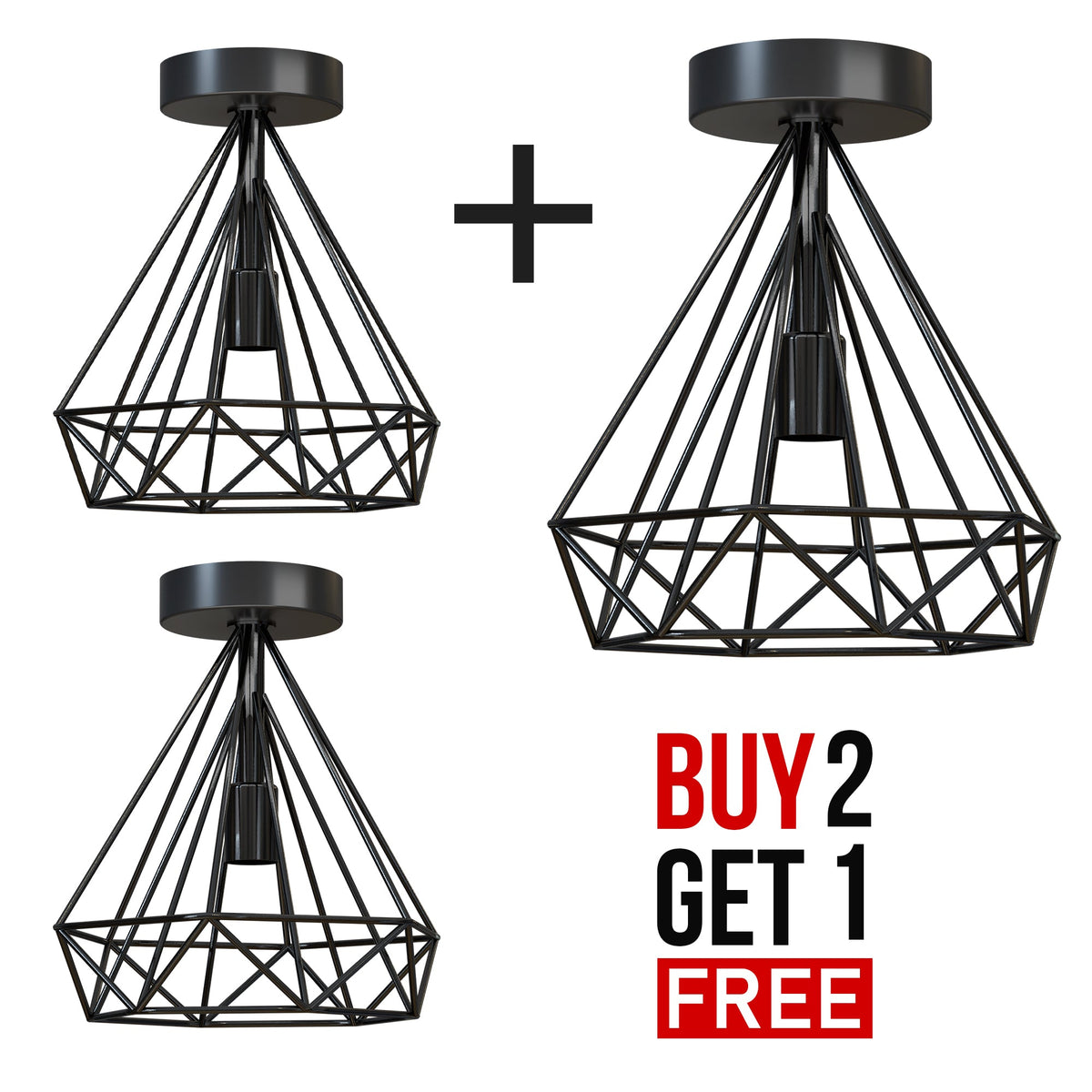 Semi-Flush Cage Ceiling Light – Geometric, Diamond or Bird Cage - Standard, Geometric Cage Black Pack of 3, Without Bulb