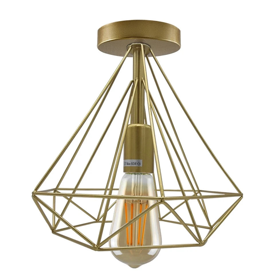 Semi-Flush Cage Ceiling Light – Geometric, Diamond or Bird Cage - Standard, Geometric Cage Gold, Without Bulb