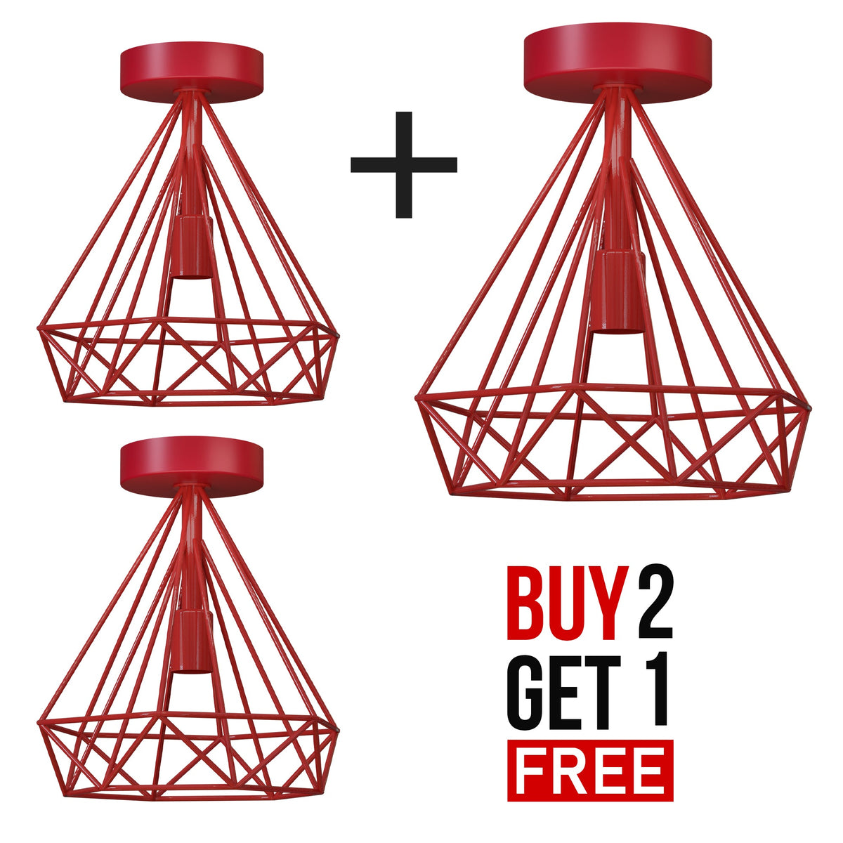 Semi-Flush Cage Ceiling Light – Geometric, Diamond or Bird Cage - Standard, Geometric Cage Red, Pack of 3, Without Bulb