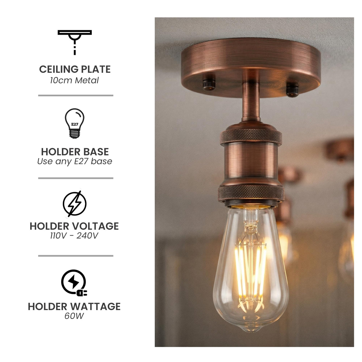 Flush Ceiling Batten Lamp Holder – E27, Fully Earthed, 8 Finishes - photo 11