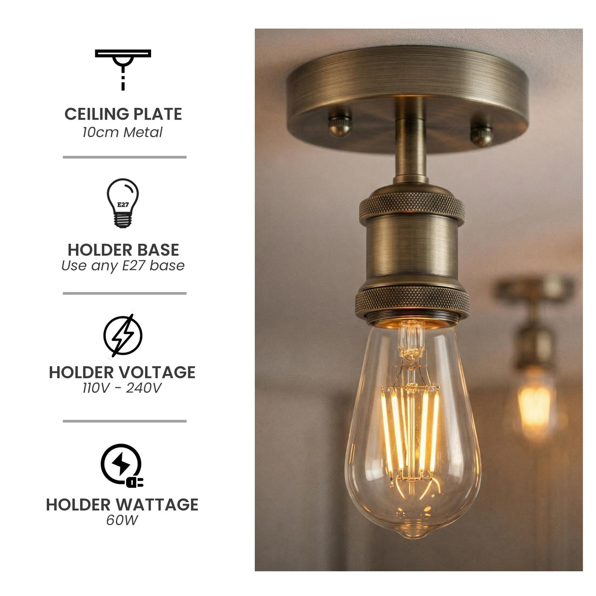 Flush Ceiling Batten Lamp Holder – E27, Fully Earthed, 8 Finishes - photo 18