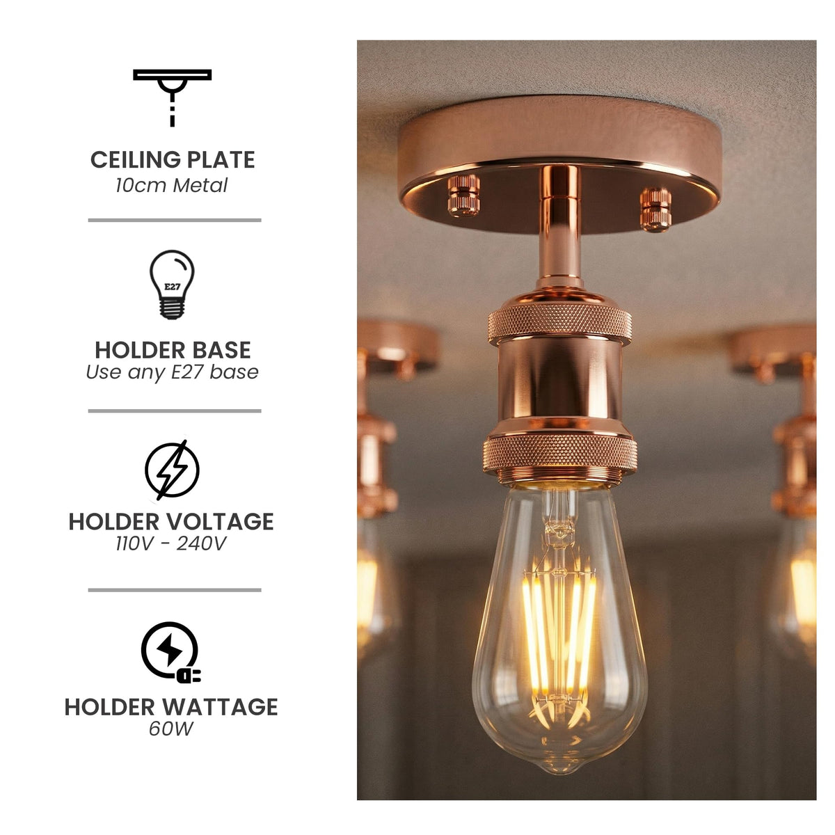 Flush Ceiling Batten Lamp Holder – E27, Fully Earthed, 8 Finishes - photo 23