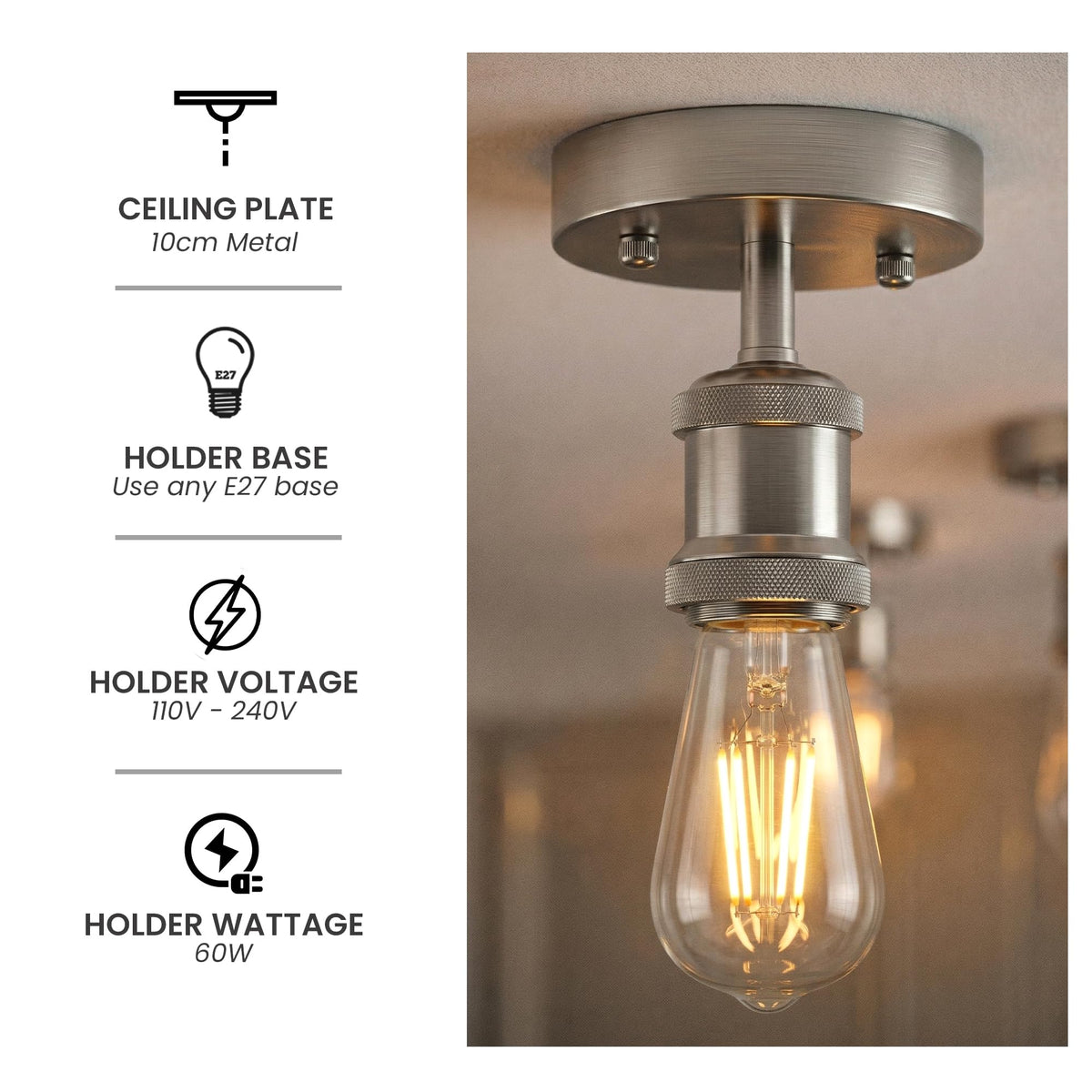 Flush Ceiling Batten Lamp Holder – E27, Fully Earthed, 8 Finishes - photo 29