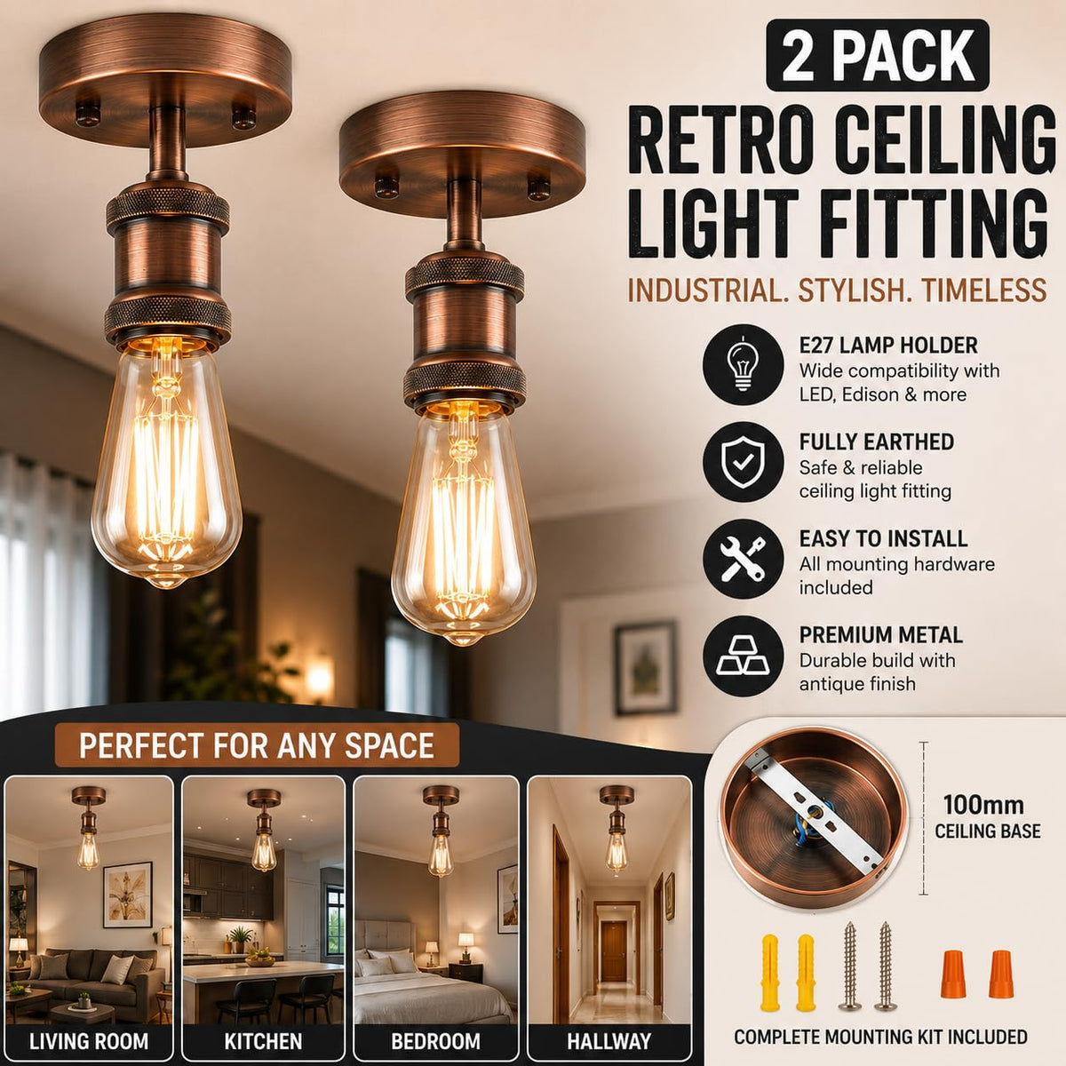 Flush Ceiling Batten Lamp Holder – E27, Fully Earthed, 8 Finishes - photo 38