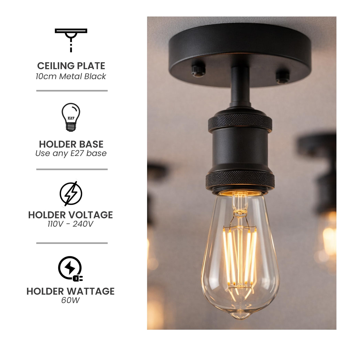 Flush Ceiling Batten Lamp Holder – E27, Fully Earthed, 8 Finishes - photo 41