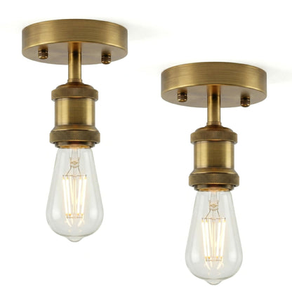 Flush Ceiling Batten Lamp Holder – E27, Fully Earthed, 8 Finishes - Yellow Brass, 100 mm Plate, Pack of 2 with 2 ST64 Bulbs