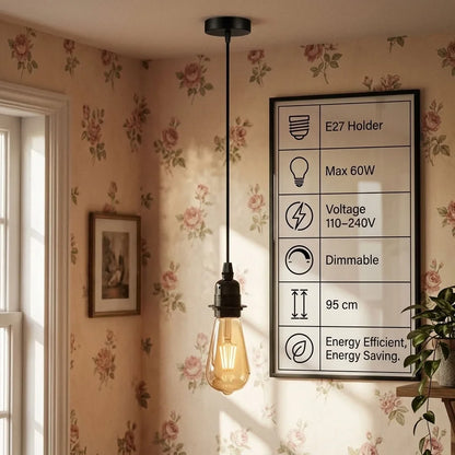 Black Pendant Light Fitting – E27, Ceiling Rose or Swag with Hook - Black, No Shade, Without Bulb