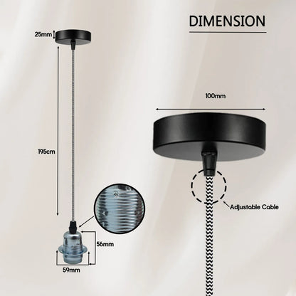 Chrome Pendant Lamp Holder – Black & White Twisted Cable, E27 - photo 2