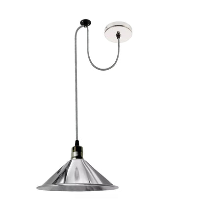 Chrome Pendant Lamp Holder – Black & White Twisted Cable, E27 - Black & White, Flat Cone 22 cm Chrome, Swag with Ceiling Hook, Without Bulb