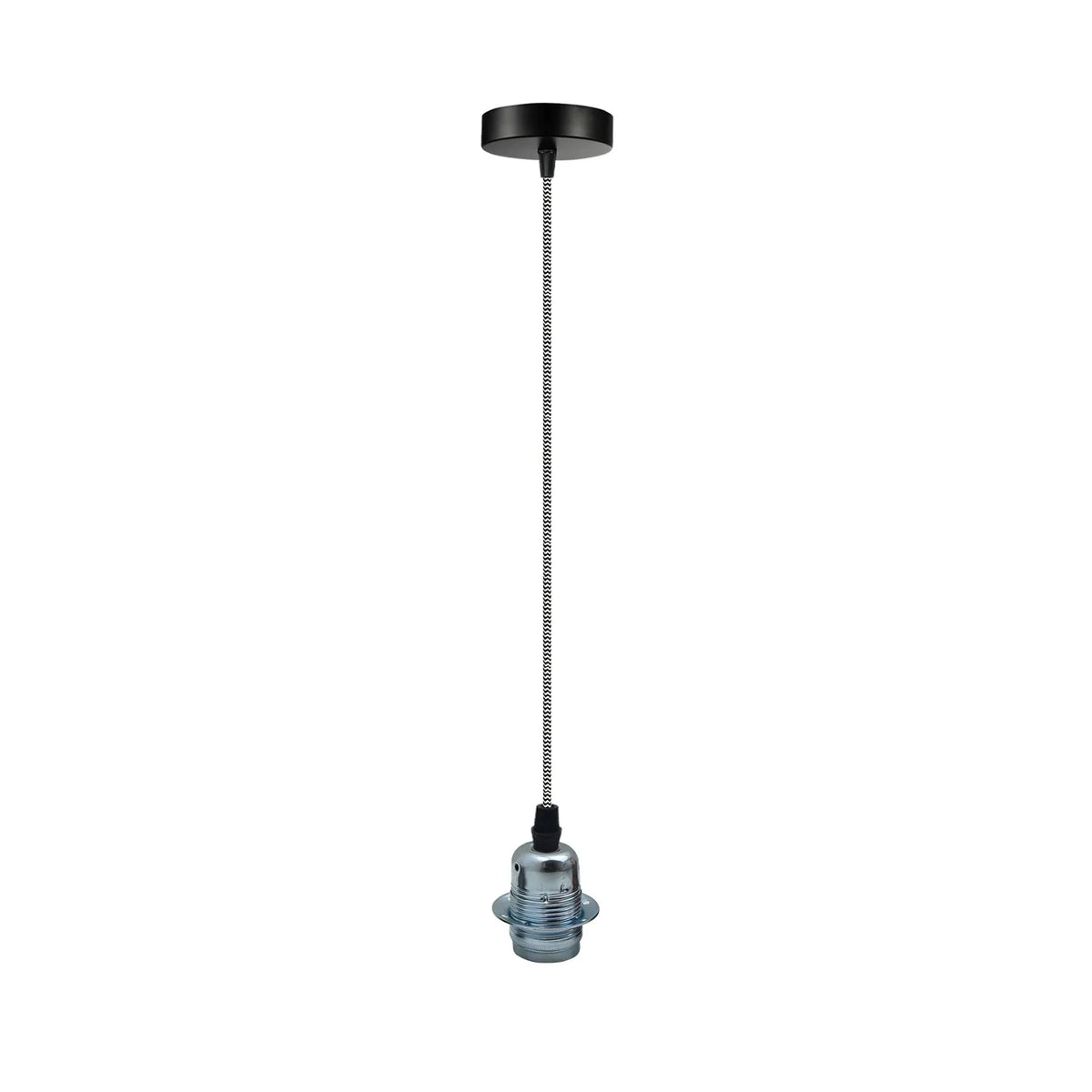 Chrome Pendant Lamp Holder – Black & White Twisted Cable, E27 - Black & White, No Shade, Without Bulb