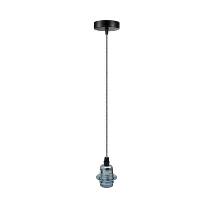 Chrome Pendant Lamp Holder – Black & White Twisted Cable, E27 - Black & White, No Shade, Without Bulb