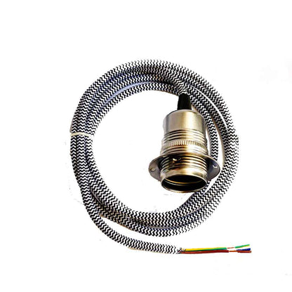 Chrome Pendant Lamp Holder – Black & White Twisted Cable, E27 - Black & White, No Shade, Holder Only, Without Bulb