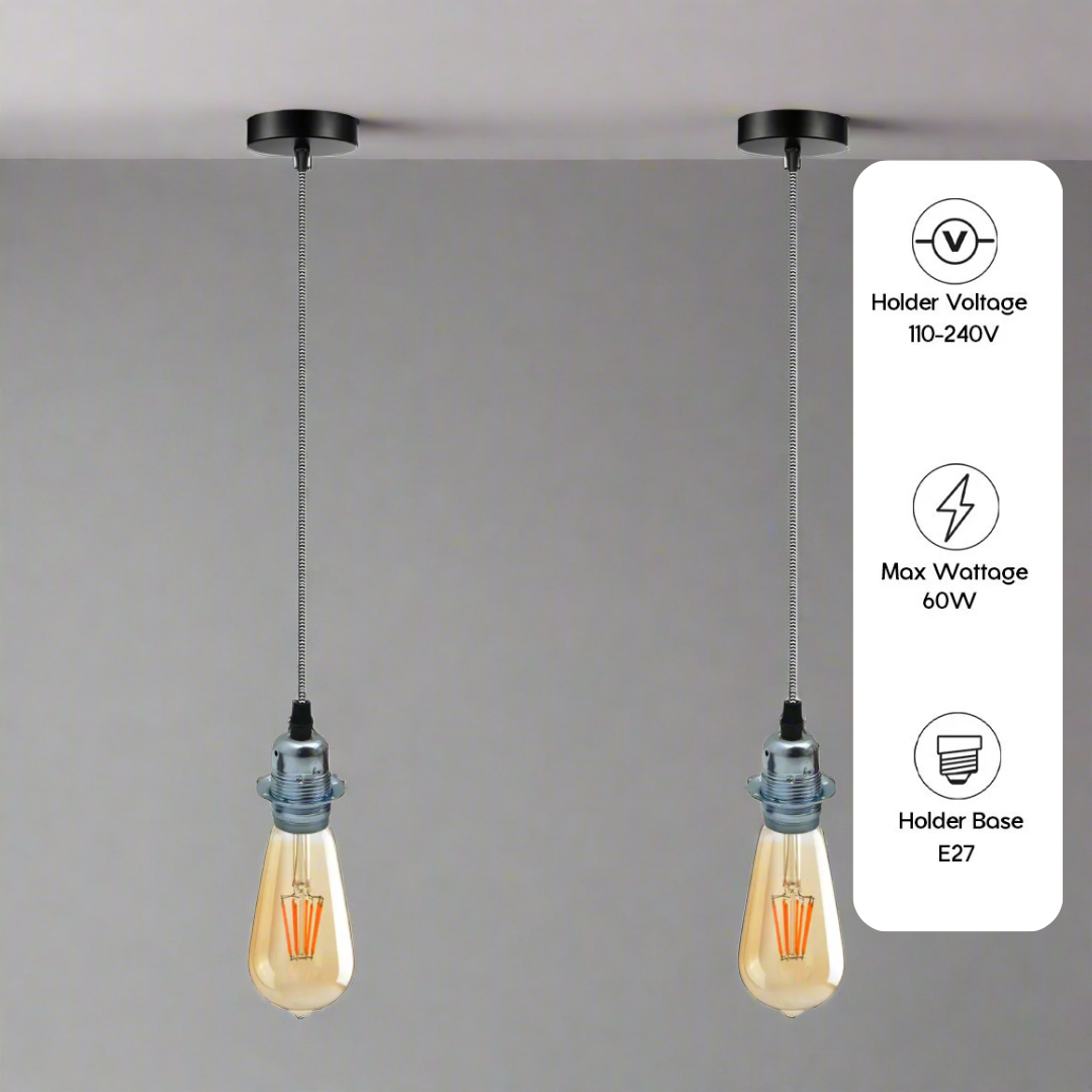 Chrome Pendant Lamp Holder – Black & White Twisted Cable, E27