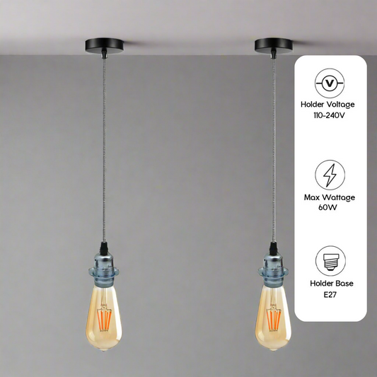 Chrome Pendant Lamp Holder – Black & White Twisted Cable, E27