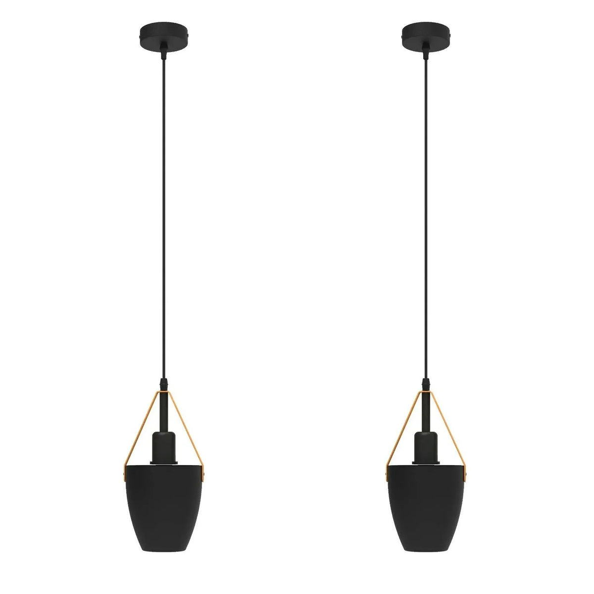 Black Cup Pendant Light – Strap-Hung Metal Shade, Single or Pair - Black, Pack of 2, Without Bulb
