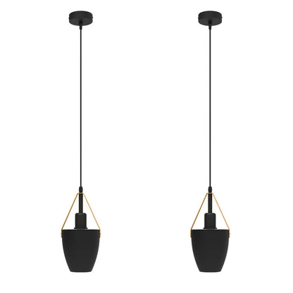 Black Cup Pendant Light – Strap-Hung Metal Shade, Single or Pair - Black, Pack of 2, Without Bulb