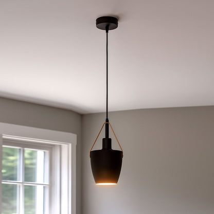 Black Cup Pendant Light – Strap-Hung Metal Shade, Single or Pair - Black, Single, T45 LED Bulb 4W