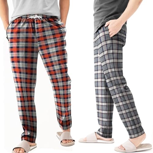 Men's Flannel Pyjama Bottoms, Pack of 2 – Orange & Navy and Grey Plaid, XXL