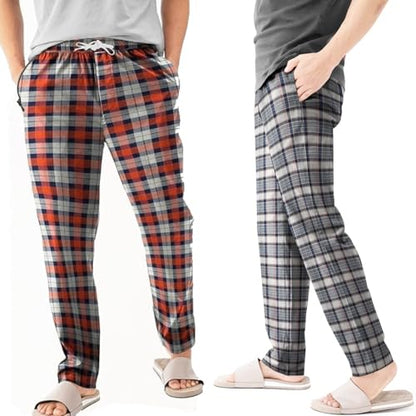 Men's Flannel Pyjama Bottoms, Pack of 2 – Orange & Navy and Grey Plaid, XXL