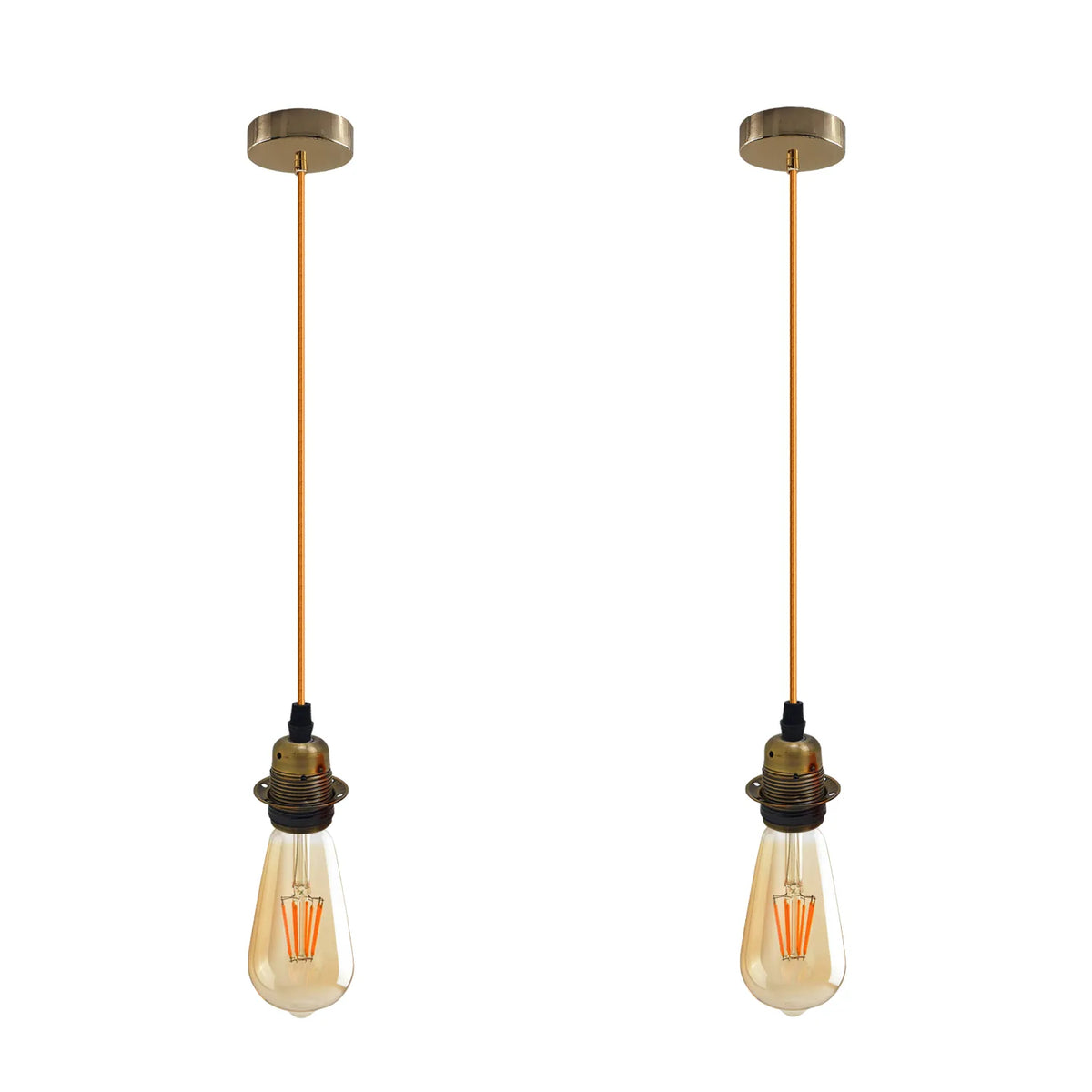 Brass Pendant Lamp Holder Set – Gold Cable, E27, Pack of 2 - Gold, Pack of 2, 2 x ST64 Bulbs