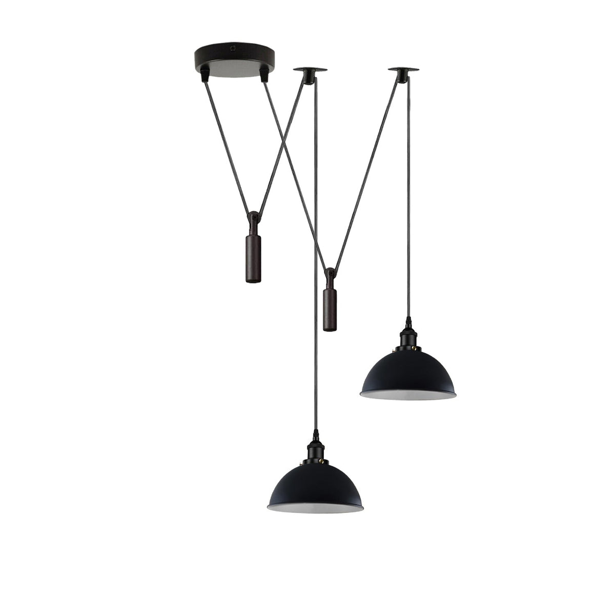 2-Light Swag Pendant Light – Adjustable Drops, Metal Shades - Black, Dome 21 cm Black & White Inner, Without Bulb