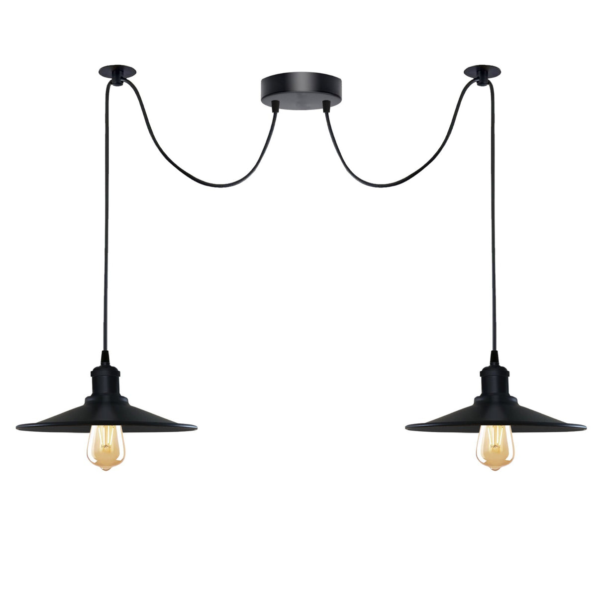 2-Light Swag Pendant Light – Adjustable Drops, Metal Shades - Black, Flat Black, Without Bulb