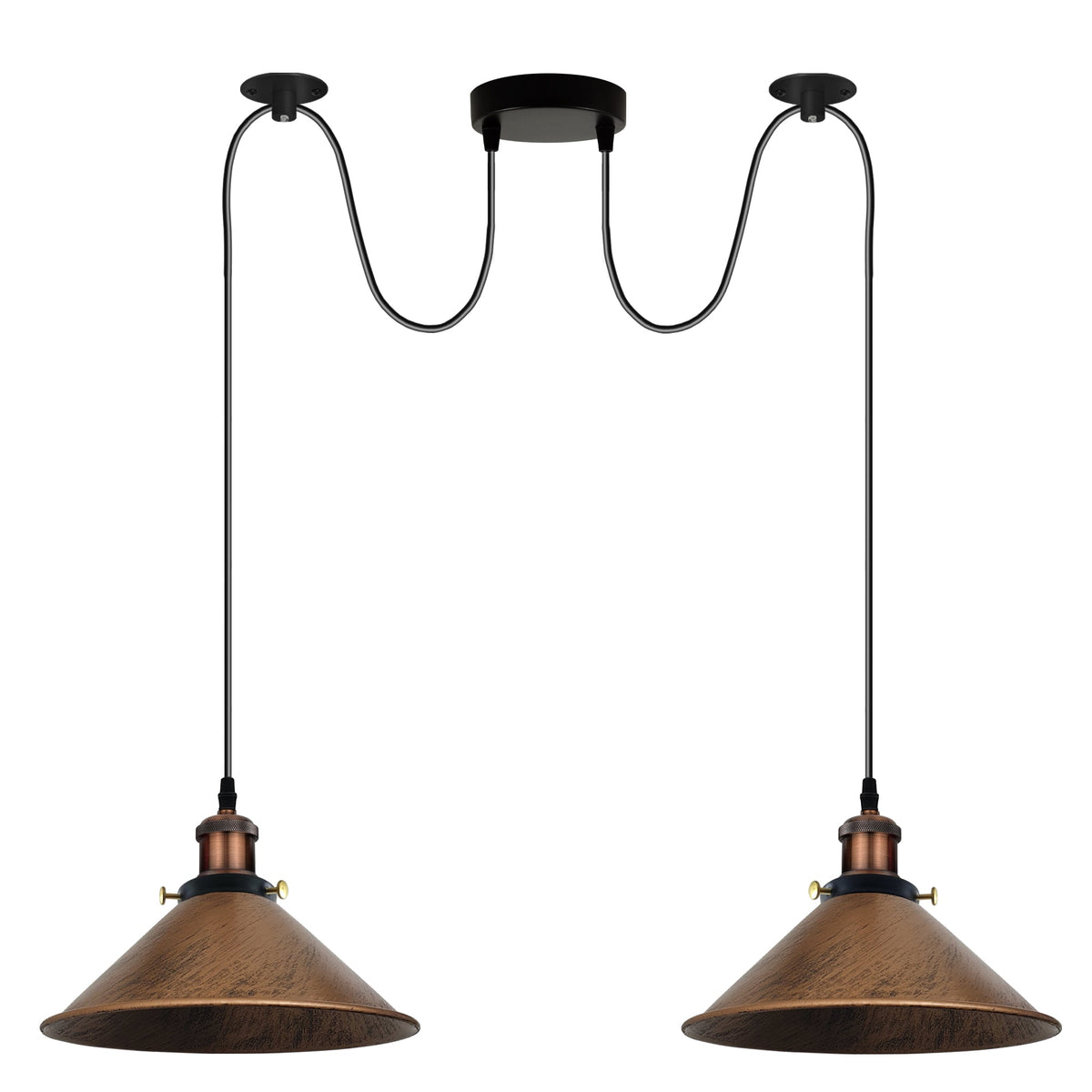 2-Light Swag Pendant Light – Adjustable Drops, Metal Shades - Copper, Flat Cone 22 cm Brushed Copper, Without Bulb