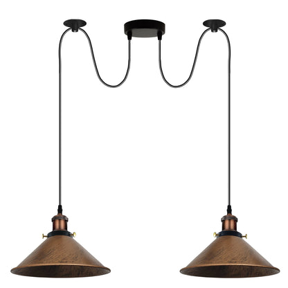2-Light Swag Pendant Light – Adjustable Drops, Metal Shades - Copper, Flat Cone 22 cm Brushed Copper, Without Bulb
