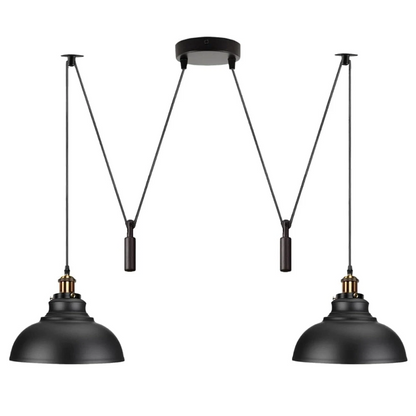 2-Light Swag Pendant – Flat Cone or Pulley Dome Shades, E27 - Yellow Brass, Dome 29 cm Black, Rise & Fall Pulley, Without Bulb