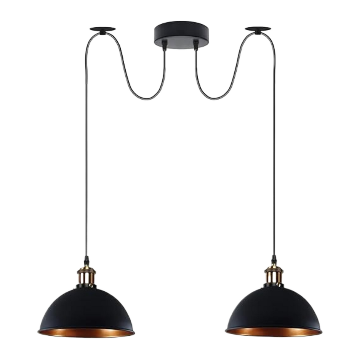 2-Light Swag Pendant Light – Adjustable Drops, Metal Shades - Yellow Brass, Dome 21 cm Black & Gold 120 mm Rose Hook Shade Ring, Without Bulb