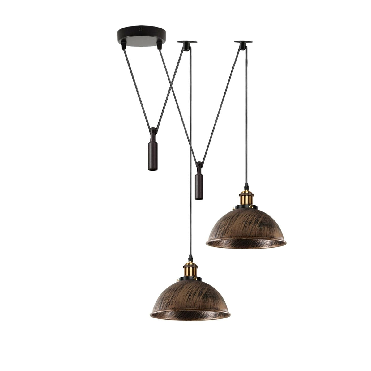 2-Light Swag Pendant Light – Adjustable Drops, Metal Shades - Yellow Brass, Dome 21 cm Brushed Copper, Without Bulb