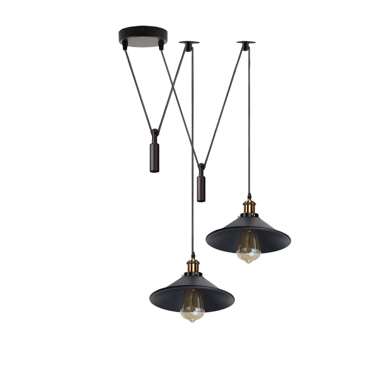 2-Light Swag Pendant Light – Adjustable Drops, Metal Shades - Yellow Brass, Flat Cone 22 cm Black 120 mm Rose Hook Shade Ring, Without Bulb