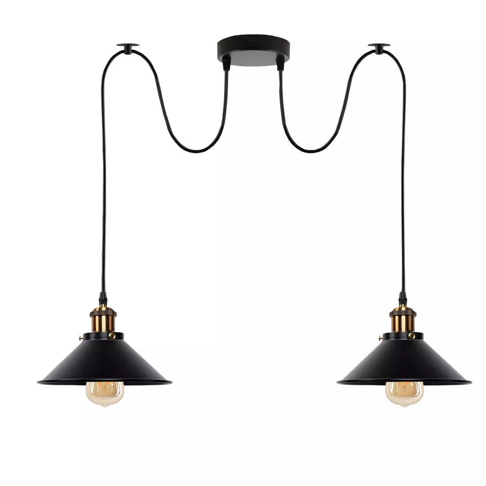 2-Light Swag Pendant Light – Adjustable Drops, Metal Shades - Yellow Brass, Flat Cone 22 cm Black 120 mm Rose Shade Ring Hook, Without Bulb