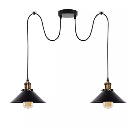 2-Light Swag Pendant Light – Adjustable Drops, Metal Shades - Yellow Brass, Flat Cone 22 cm Black 120 mm Rose Shade Ring Hook, Without Bulb