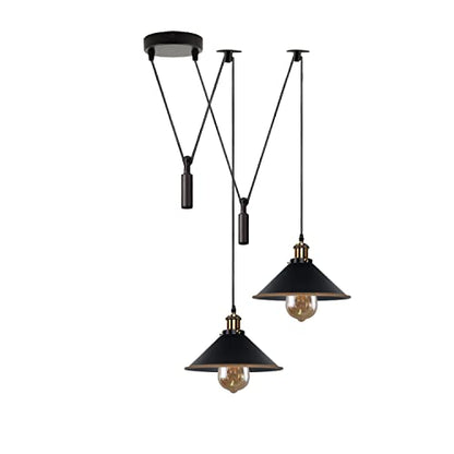 2-Light Swag Pendant Light – Adjustable Drops, Metal Shades - Yellow Brass, Flat Cone 22 cm Black & Gold Line, Without Bulb