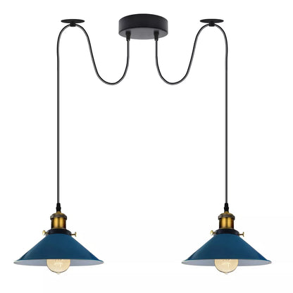 2-Light Swag Pendant Light – Adjustable Drops, Metal Shades - Yellow Brass, Flat Cone 22 cm Blue 120 mm Rose Shade Ring Hook, Without Bulb
