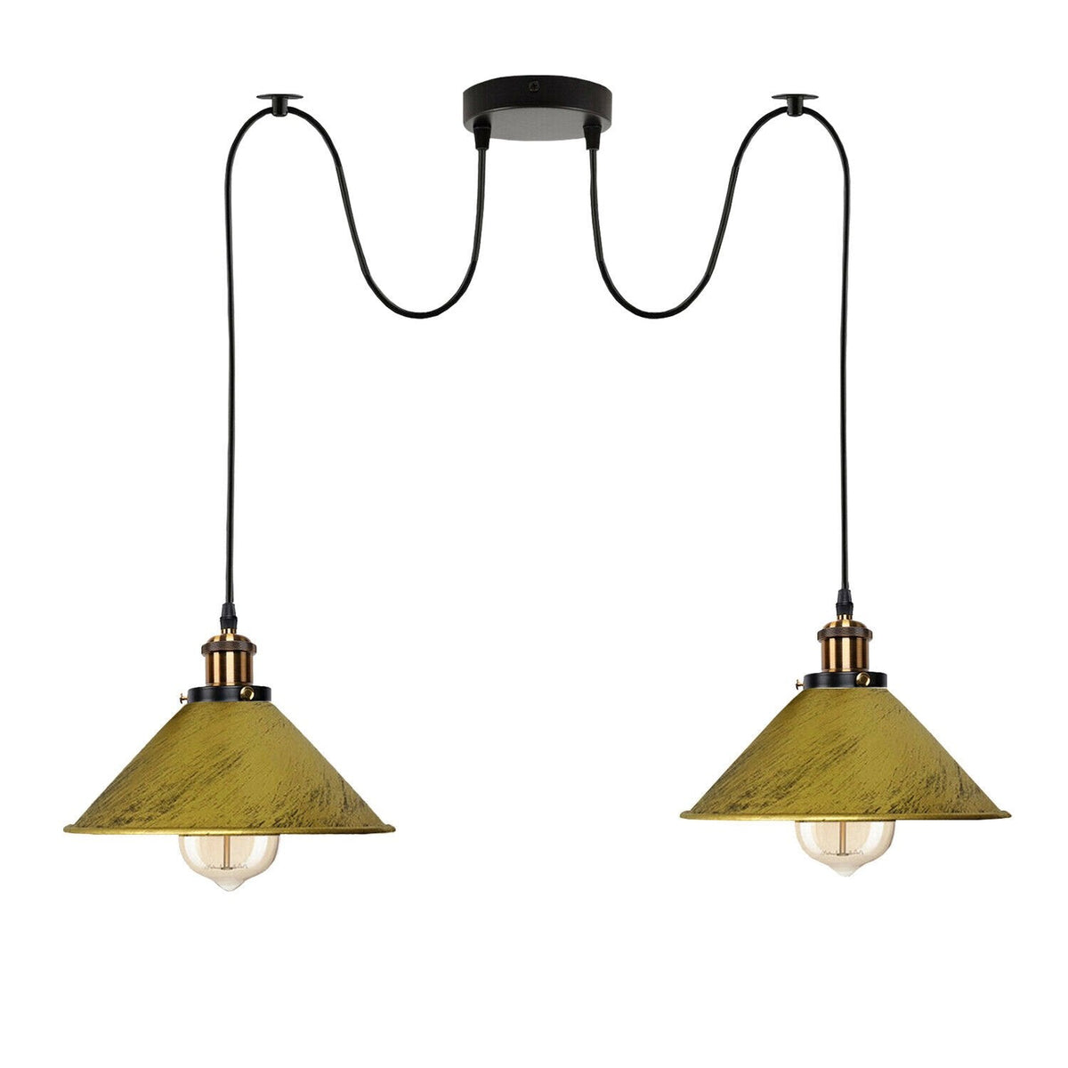 2-Light Swag Pendant Light – Adjustable Drops, Metal Shades - Yellow Brass, Flat Cone 22 cm Brushed Brass 120 mm Rose Hook Shade Ring, Without Bulb
