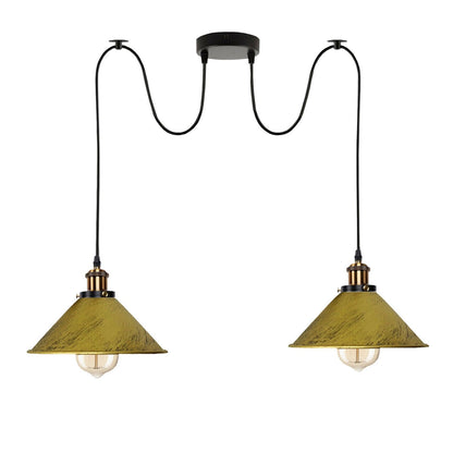2-Light Swag Pendant Light – Adjustable Drops, Metal Shades - Yellow Brass, Flat Cone 22 cm Brushed Brass 120 mm Rose Hook Shade Ring, Without Bulb