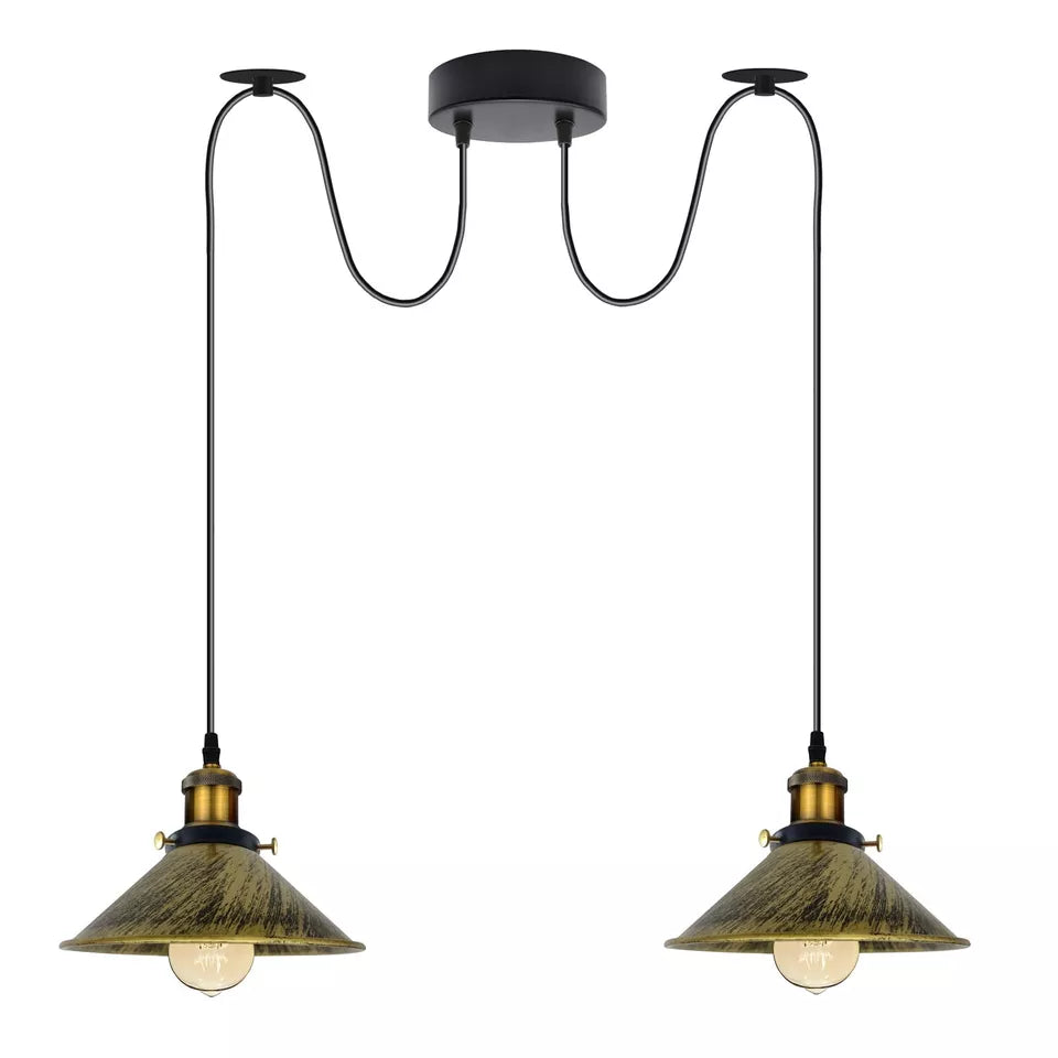 2-Light Swag Pendant Light – Adjustable Drops, Metal Shades - Yellow Brass, Flat Cone 22 cm Brushed Brass 120 mm Rose Shade Ring Hook, Without Bulb