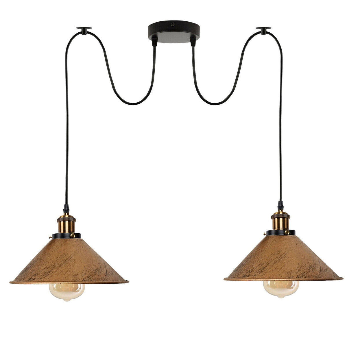 2-Light Swag Pendant Light – Adjustable Drops, Metal Shades - Yellow Brass, Flat Cone 22 cm Brushed Copper 120 mm Rose Hook Shade Ring, Without Bulb