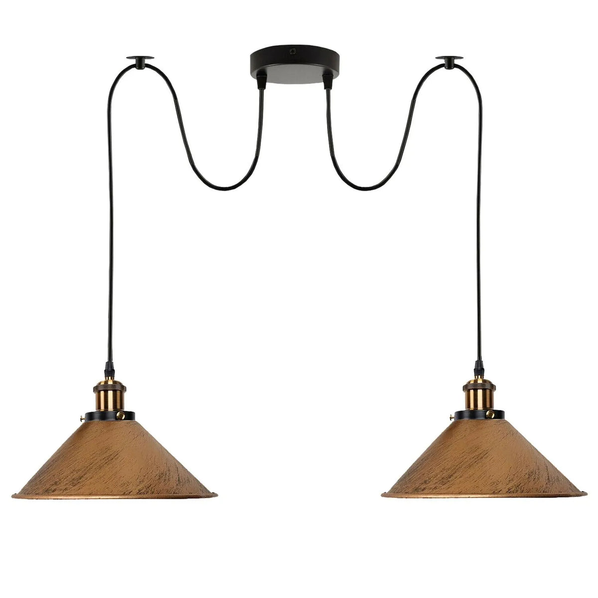 2-Light Swag Pendant Light – Adjustable Drops, Metal Shades - Yellow Brass, Flat Cone 22 cm Brushed Copper 120 mm Rose Shade Ring Hook, Without Bulb
