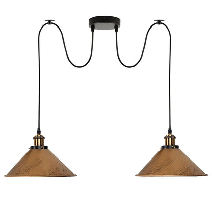 2-Light Swag Pendant Light – Adjustable Drops, Metal Shades - Yellow Brass, Flat Cone 22 cm Brushed Copper 120 mm Rose Shade Ring Hook, Without Bulb